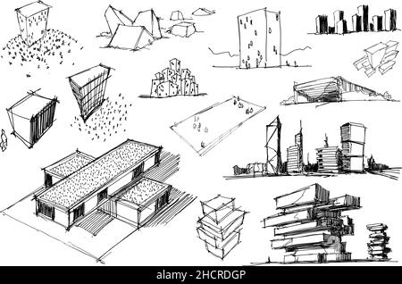 molti schizzi architettonici disegnati a mano di una moderna architettura astratta e case indipendenti e idee urbane Foto Stock