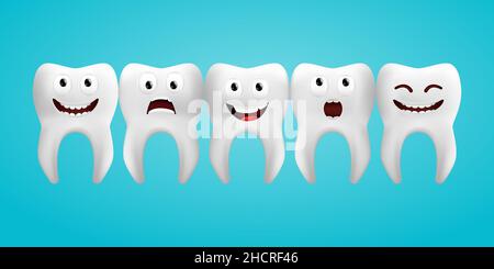 Denti divertenti con diverse espressioni facciali. Denti bianchi sorridenti in fila, compreso un dente spaventato. 3D illustrazione vettoriale realistica dell'ammaccatura felice Illustrazione Vettoriale