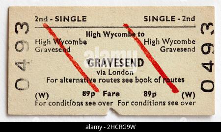 Old 1970s British Railway TrainTicket - High Wycombe a Gravesend Foto Stock