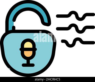 Sbloccare l'icona del comando vocale. Contorno sbloccare l'icona del vettore di controllo vocale colore piatto isolato Illustrazione Vettoriale