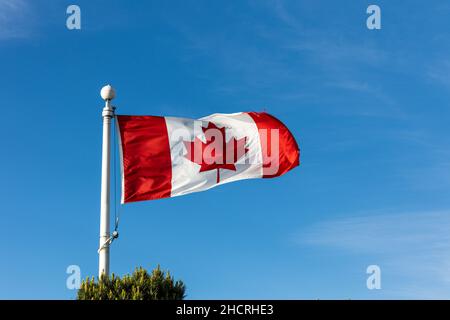 Vancouver, Canada - Circa 2021 : bandiera nazionale canadese su sfondo cielo blu Foto Stock