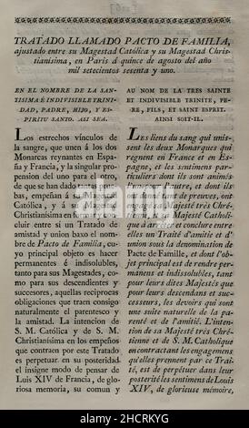 Trattato di Parigi (III Family Compact). Trattato tra re Carlo III di Spagna e re Luigi XVI di Francia, firmato a Parigi il 15 agosto 1761. Significava il coinvolgimento della Spagna nella fase finale della guerra dei sette anni (1756-1763), con lo scopo di recuperare Minorca e Gibilterra, sostenendo la Francia contro l'Inghilterra. Raccolta dei trattati di Pace, Alleanza, Commercio, regolata dalla Corona di Spagna con le potenze straniere (Colección de los Tratados de Paz, Alianza, Comercio ajustados por la Corona de España con las Potencias Extranjeras). Volume III. Madrid, 1801. Storico Libraro militare Foto Stock