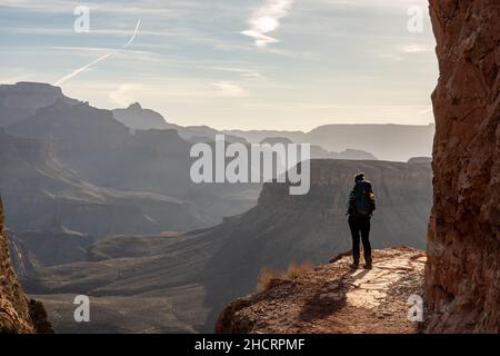 La donna si affaccia sul Grand Canyon da Trail accanto a Cliff Foto Stock