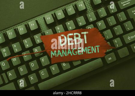 Scrittura del testo Gestione del debito. Concetto che significa l'accordo formale tra un debitore e un creditore Scrittura Online Research Text Analysis Foto Stock