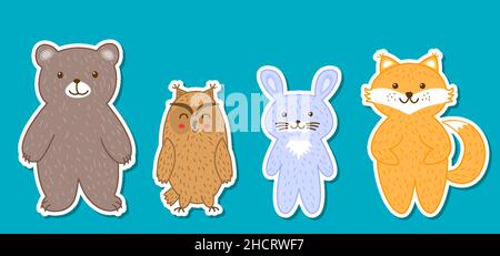 Set di etichette adesive per gli animali di Natale. Orso, volpe, gufo, lepre, coniglietto. Personaggi con elementi di abbigliamento di Capodanno. Morbidi personaggi animati in pelliccia per biglietti d'auguri e prodotti per la casa Illustrazione Vettoriale