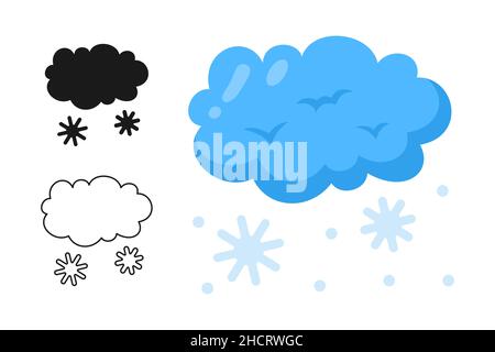 Inverno nube neve icona, snowflake stile cartone animato. Astratto comico piatto freddo tempo a mano simbolo disegnato. Cute natura Blizzard elemento meteo. Infografica meteorologica per stampa, tessuto, vettore Illustrazione Vettoriale