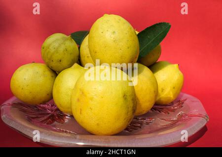 Fresco giallo grosso mucchio di limoni accatastati disposti con foglie di limone su un piatto con fondo rosso Foto Stock