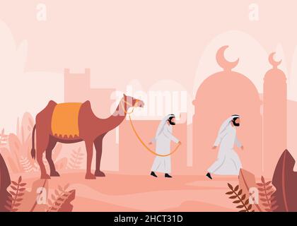 Cammello in uomo deserto cartone animato arabo viaggio in sahara sabbia musulmana camminare insieme in caravan Illustrazione Vettoriale