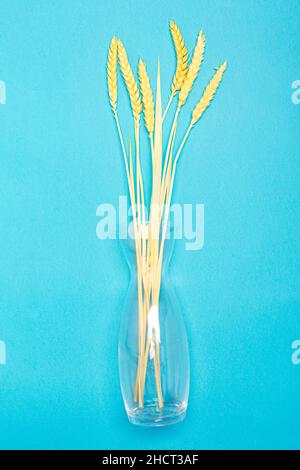 I gambi dell'orecchio di grano in bottiglia contro il blu chiaro. Design minimalista degli interni concetto di decorazione. Vista dall'alto. Spazio di copia. Foto Stock