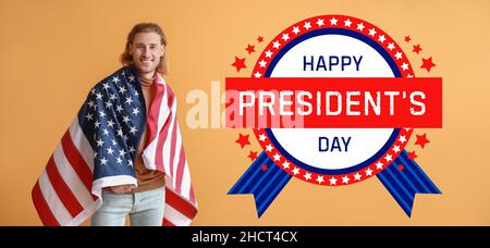 Biglietto di auguri per la Giornata del Presidente felice con giovane uomo e bandiera USA Foto Stock