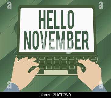 Cartello con la scritta Hello November. Panoramica aziendale Benvenuto l'undicesimo mese dell'anno mese prima di dicembre Illustrazione di una mano occupata che lavora sopra Foto Stock