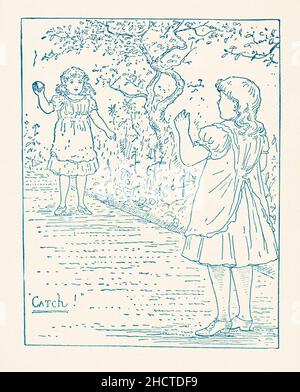 Un libro vittoriano illustrazione c. 1800 che mostra due ragazze che giocano a ‘catch’ con una palla sul loro percorso giardino – grafica del xix secolo. Foto Stock