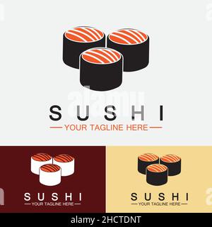 Modello logo sushi.Vector icona stile Illustrazione Bar o Shop, Sushi, Salmon Roll, Sushi e rotoli con barra di chopstick o ristorante vettore logo Illustrazione Vettoriale