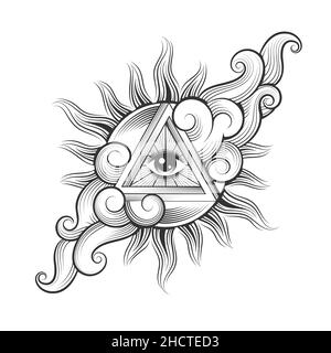 Tatuaggio di tutti i vedere occhio Occultic simbolo all'interno del sole in un cielo isolato su bianco. Illustrazione vettoriale. Illustrazione Vettoriale