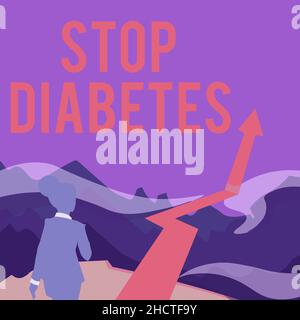 Ispirazione che mostra segno Stop Diabetes. Panoramica aziendale il livello di zucchero nel sangue è più alto del normale Inject Insulin Lady Walking verso le montagne con Foto Stock