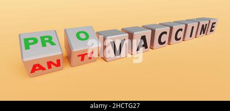 Concetto di vaccino anti coronavirus covid-19. Cubi con parole: Vaccinazione, anti, pro. 3d rendering Foto Stock