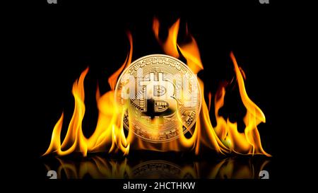 Bitcoin - bit coin BTC criptovaluta denaro che brucia in fiamme su sfondo nero Foto Stock