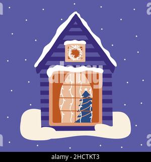 Casa d'inverno. Albero di Natale nella finestra, ghirlande incandescenti. La vigilia di Natale o la vigilia di Capodanno. Celebrazione. Illustrazione vettoriale colorata disegnata a mano Illustrazione Vettoriale