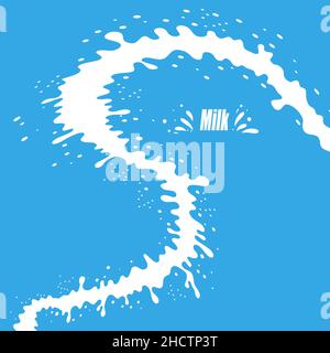 Versare il latte spruzzato su sfondo blu. Gocce di liquido cremoso bianco. Fresh Farm Milky Flow drink. Poster minimalista Foto Stock