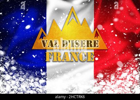 Chamonix-Mont-Blanc banner illustrazione sulla bandiera francese e lo strato di neve, famosa destinazione di sci nelle Alpi, Francia Foto Stock