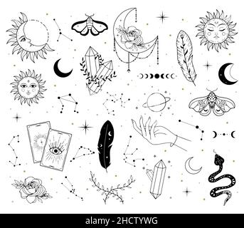 Set di elementi magici mistici disegnati a mano Illustrazione Vettoriale