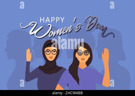 Giornata internazionale delle donne. Poster orizzontale su sfondo blu chiaro. Illustrazione vettoriale in stile piatto per biglietti d'auguri, poster, striscioni Illustrazione Vettoriale