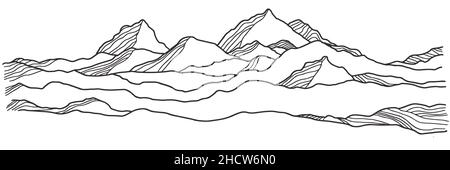 Vettore di sfondo della montagna. Illustrazione della linea orizzontale della neve. Disegno di schizzo. Sfondo della natura. Vettore Doodle. Illustrazione Vettoriale