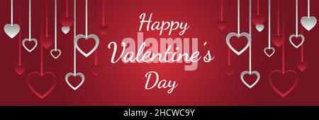 Buon biglietto di auguri per San Valentino con cuori e bastoni su sfondo rosso gradiente. Concetto di celebrazione Illustrazione Vettoriale