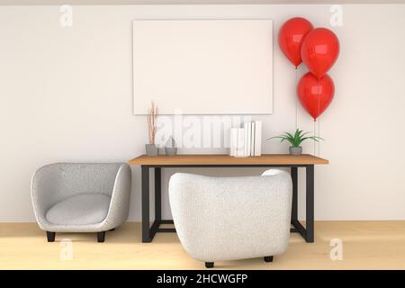 Sala da lavoro minimalista con palloncini rossi in interni scandinavi in 3D rendering Foto Stock