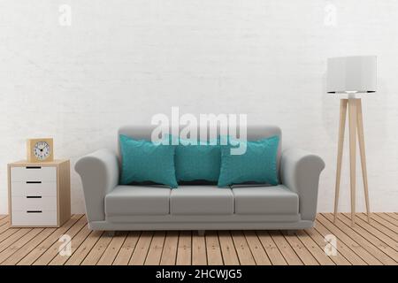 Divano moderno in camera loft design in 3D rendering Foto Stock