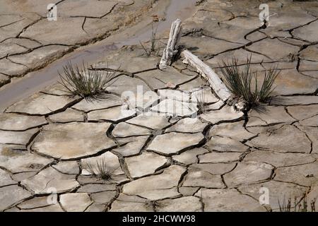 la terra cracked di barren nella siccità Foto Stock