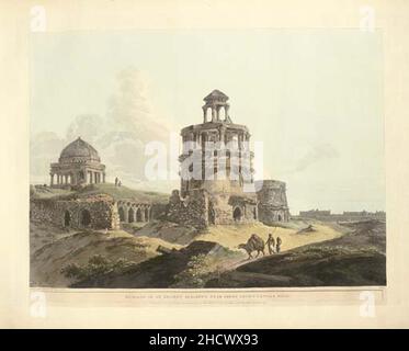 Resti di un antico edificio vicino a Cotilla di Firoz Shah, Delhi, di Daniells, 1795. Foto Stock