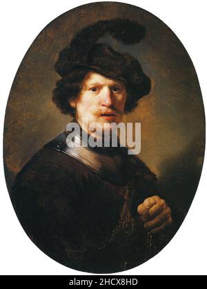 Rembrandt - uomo che indossa un beretto e un gorget in Plumed. Foto Stock
