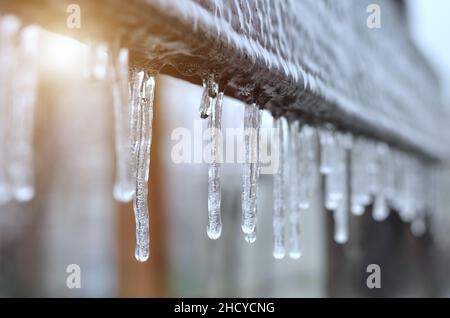 Primo piano di ghiaccioli dopo una tempesta di ghiaccio invernale. Effetto della glassa atmosferica. Foto Stock