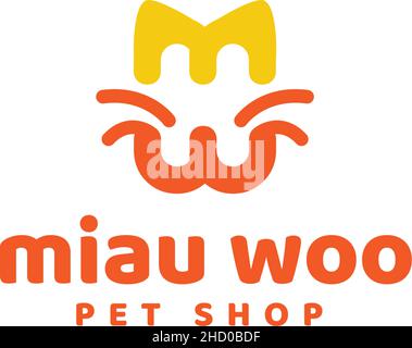 Design moderno e colorato MIAU WOO PET SHOP logo Illustrazione Vettoriale