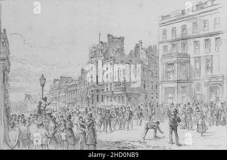 Le rivolte nel West End di Londra, ormeggio in St. James's Street, di fronte al New University Club - ILN 1886. Foto Stock