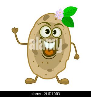 Sorridente patata divertente isolato su sfondo bianco. Simpatico personaggio vegetale felice. Sorridi la mascotte della patata. Cartoon patate kawaii personage. Vettore Illustrazione Vettoriale