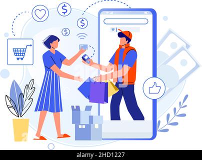 Il corriere consegna il pacco al cliente. Shopping online Illustrazione Vettoriale