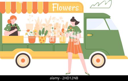 Bancarella di fiori, camion del mercato floreale, negozio di strada Illustrazione Vettoriale