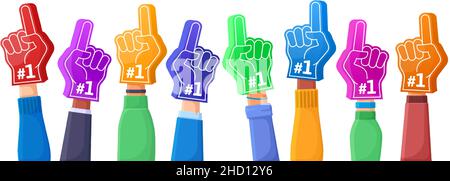 Dita in schiuma, football, baseball o basket fans schiuma mani. Squadra sportiva che acclama le mani in schiuma, accessori per fan set di simboli vettoriali. Dita in schiuma della ventola Illustrazione Vettoriale