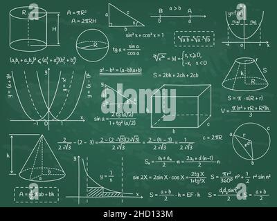 Formule di calcolo matematico, geometrico o fisico, figure algebriche e grafici. Doodle scuola formazione grafici vettore illustrazione set. Formula disegnata a mano Illustrazione Vettoriale