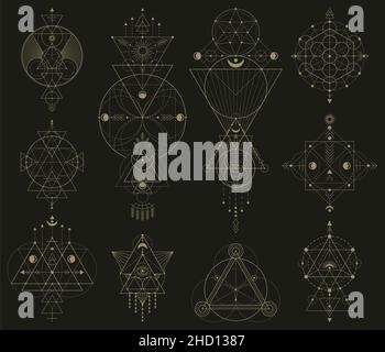 Forme geometriche lineari sacre mistiche, segni mistici astratti. Set di illustrazioni vettoriali di forme lineari sacre astratte. Sacramentale occulto geometrico Illustrazione Vettoriale