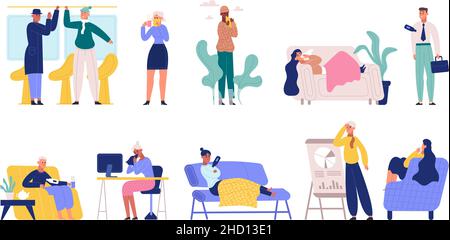 Malati affetti da influenza, raffreddore in ufficio o a casa. Persone ammalate adulte con febbre, mal di testa e starnuti vettore illustrazione set. Esseri umani con Illustrazione Vettoriale