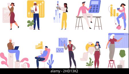 Analisi del budget delle persone, gestione finanziaria e ottimizzazione dei costi. Gestione del reddito finanziario, gente che pianifica il gruppo di illustrazione del vettore di bilancio corporativo Illustrazione Vettoriale