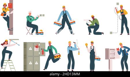 Lavoratori elettricisti professionisti in rete elettrica di servizio uniforme. Elettricisti per la manutenzione delle reti elettriche, sostituzione del set di illustrazioni vettoriali delle lampadine Illustrazione Vettoriale