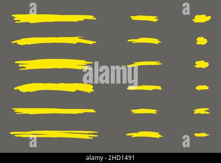 Tratti di indicatore giallo per evidenziare e sottolineare. Tratto di disegno vettoriale, texture di schizzo a mano, feltro luminoso a colori per testo o illustrazione memo Illustrazione Vettoriale