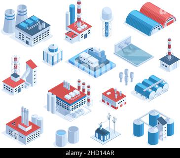 Stabilimento isometrico 3D, impianti, fabbriche, fabbriche, tubi industriali e magazzini. Impianti di produzione edifici, impianti industriali set di illustrazione vettoriale Illustrazione Vettoriale