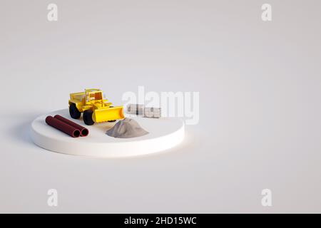 3D illustrazione isometrica di un trattore giallo con una pala e altri elementi da costruzione su sfondo bianco isolato. Oggetti su un piccolo palcoscenico. Tra Foto Stock