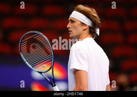 Sydney, Australia. 02nd Jan 2022. Alexander Zverev del Team Germany si presenta durante la Coppa ATP alla Qudos Bank Arena, Sydney Olympic Park Tennis Center, Sydney, Australia, il 2 gennaio 2022. Foto di Peter Dovgan. Solo per uso editoriale, licenza richiesta per uso commerciale. Nessun utilizzo nelle scommesse, nei giochi o nelle pubblicazioni di un singolo club/campionato/giocatore. Credit: UK Sports Pics Ltd/Alamy Live News Foto Stock