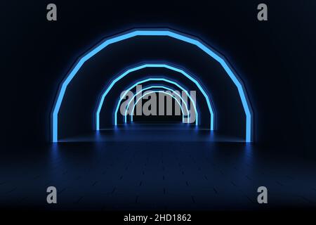 3D illustrazione di archi luminosi al neon blu su sfondo scuro. Archi rotondi blu ultravioletti luminosi. Grafica 3D Foto Stock